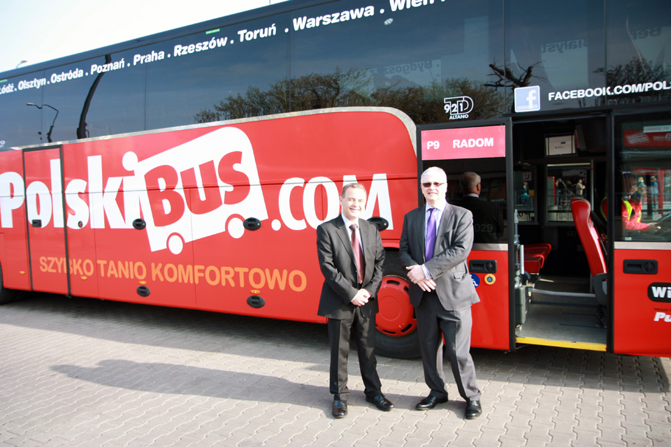 Ambassador Robin Barnett with Barry Pybis (CEO, Polski Bus) before the departure for Radom