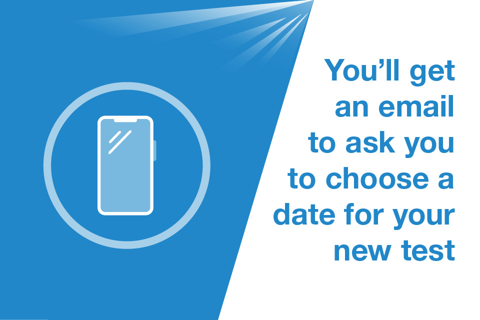 Graphic of a phone with a caption that says 'You’ll get an email to ask you to choose a date for your new test'