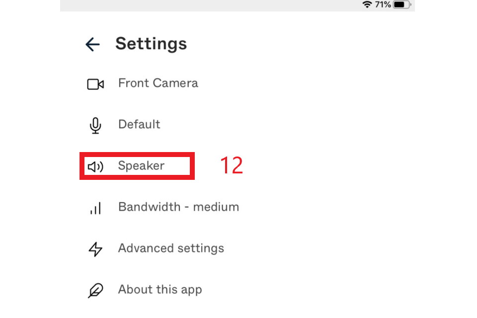 Audio settings - Speaker option highlighted in red