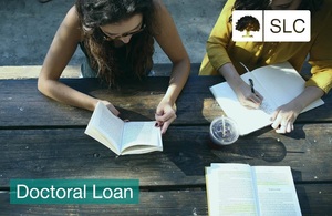 Image of two female students sitting at a picnic bench with the words Doctoral Loan across the image