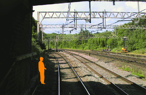 Photograph of forward facing CCTV image showing position of track worker within an area of limited clearance (courtesy of Avanti West Coast)