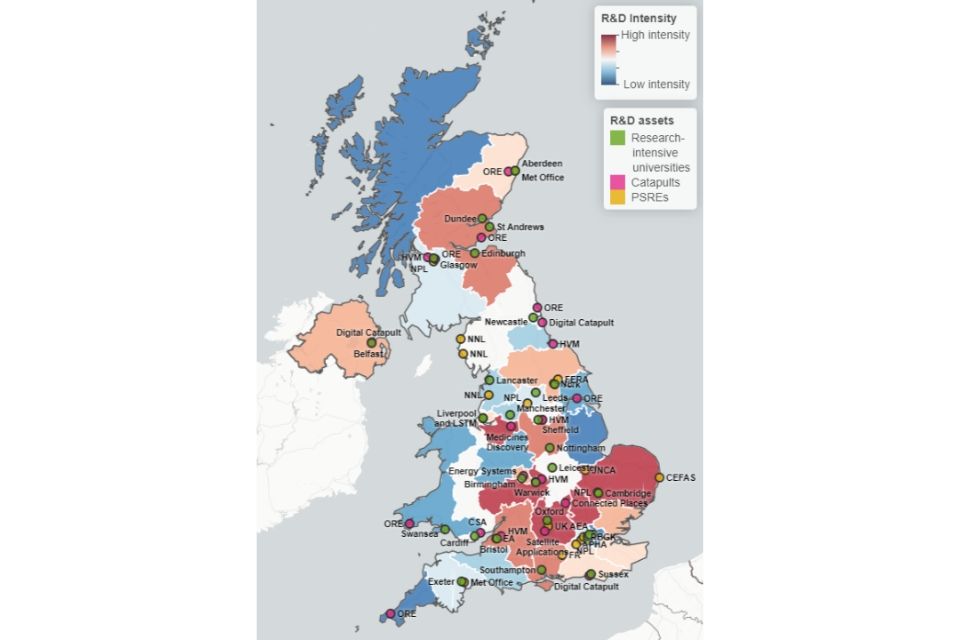 Map of the UK showing the distribution of a selection of UK government funded R&D assets, including research-intensive universities, catapult centres and public sector research establishments. Distribution is UK-wide. 