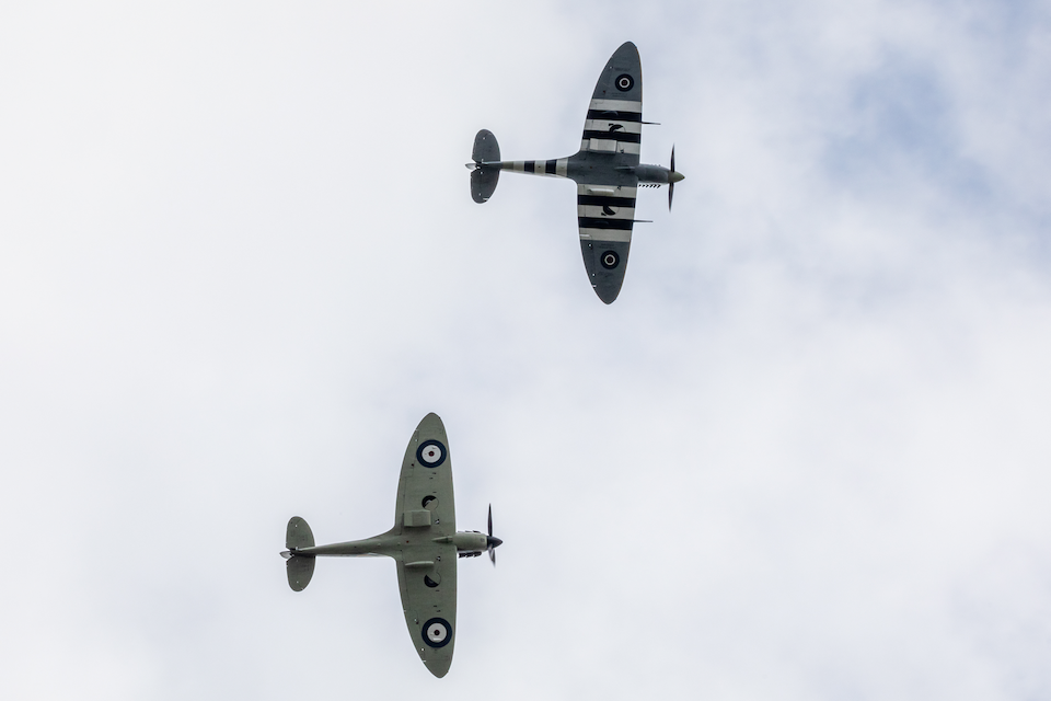 Two Second World War-era Spitfires from the Battle of Britain Memorial Flight fly over Dame Vera Lynn's funeral