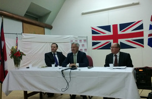 Rt Hon Alan Duncan MP, UK Minister of State for International Development (centre) flanked by Ambassador Andy Sparkes (right) and DFID Nepal Head Dominic O'Neill