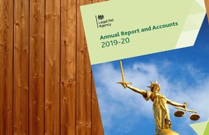 Image showing cover of LAA annual report and accounts which has picture of gold Lady Justice on top of the Old Bailey.