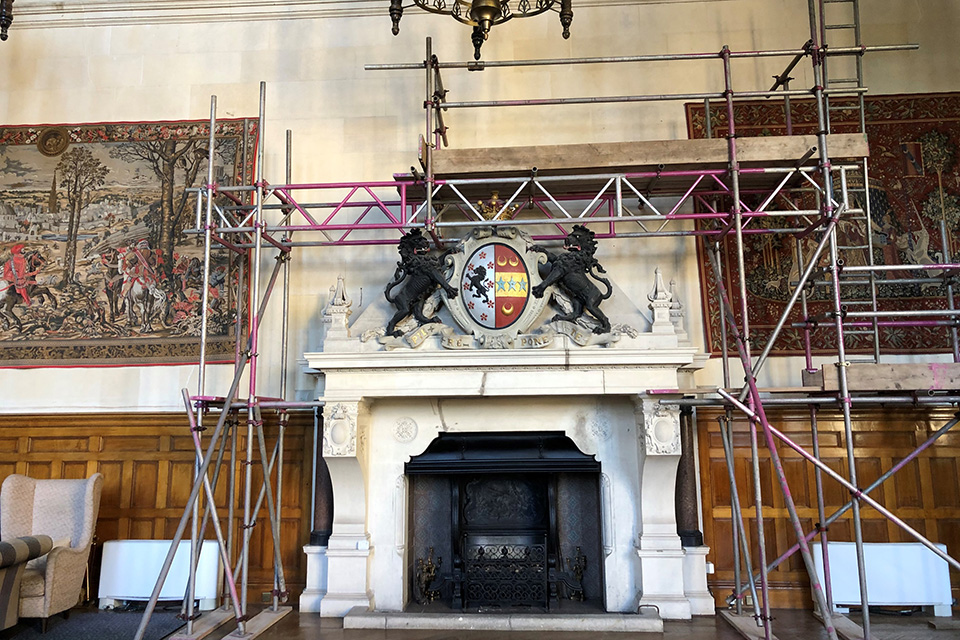 Carrying out repairs in the Great Hall at Thoresby Hall.