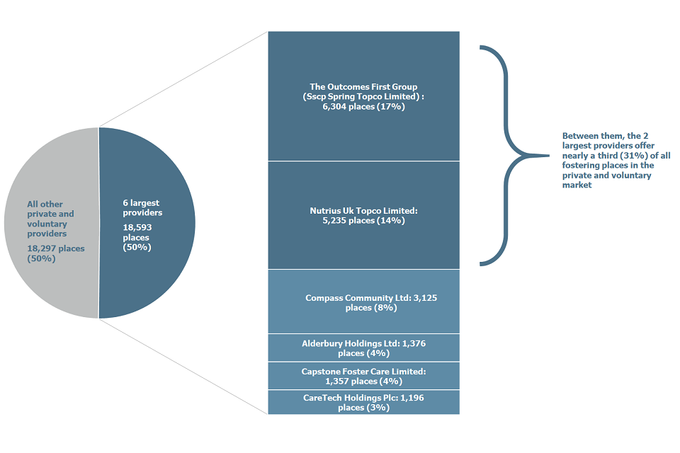 Pie chart showing the proportion of all fostering places provided by the 6 largest providers.