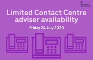 Purple graphic showing a telephone icon with the text 'Limited Contact Centre adviser availability'