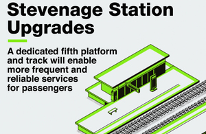 A train pulling into a station and the caption: 'Stevenage Station Upgrades: A dedicated fifth platform and track will enable more frequent and reliable services for passengers'.