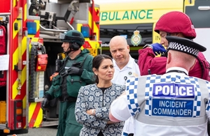 Home Secretary Priti Patel meets firefighters during a visit to Merseyside Fire and Rescue Service on Thursday 6 August.