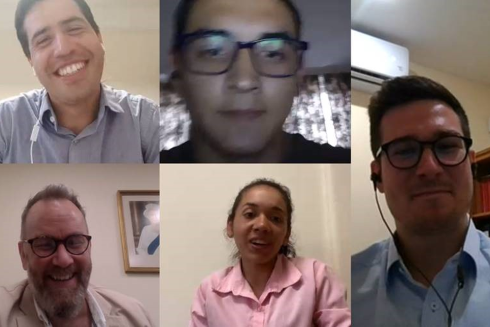 Officer cadets Susy Benítez, Osvaldo Solís, and Cadet Matías González in a video call with Ambassador Matthew Hedges and Second Head of Mission John Davie