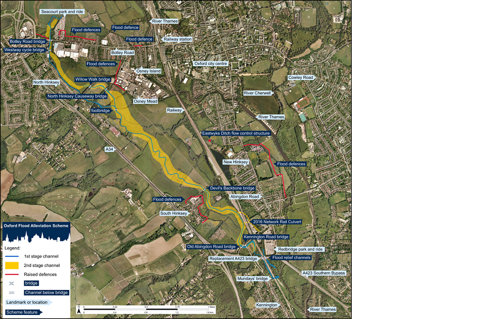 A map showing the route of Oxford Flood Alleviation Scheme. It begins north of Botley Road and ends south of the A423 near Kennington, where it joins the River Thames.
