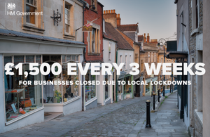 Image of a street with the text '£1,500 every three weeks for businesses closed due to local lockdowns'.