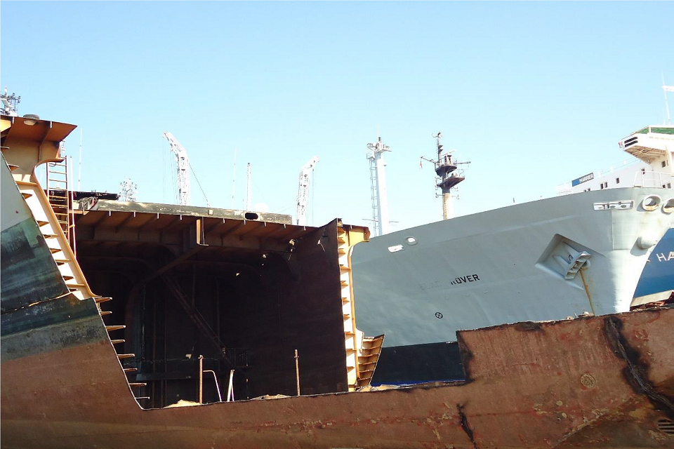 Shot from with the deck of the ship showing the sides and top removed.