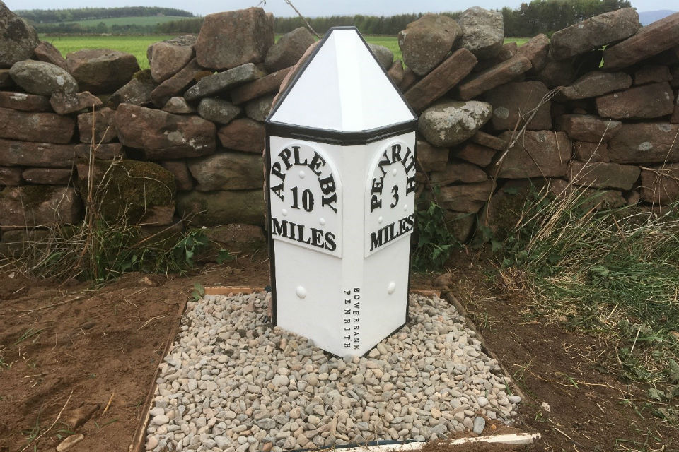 Replica 19th century milestone post near Whinfell Park