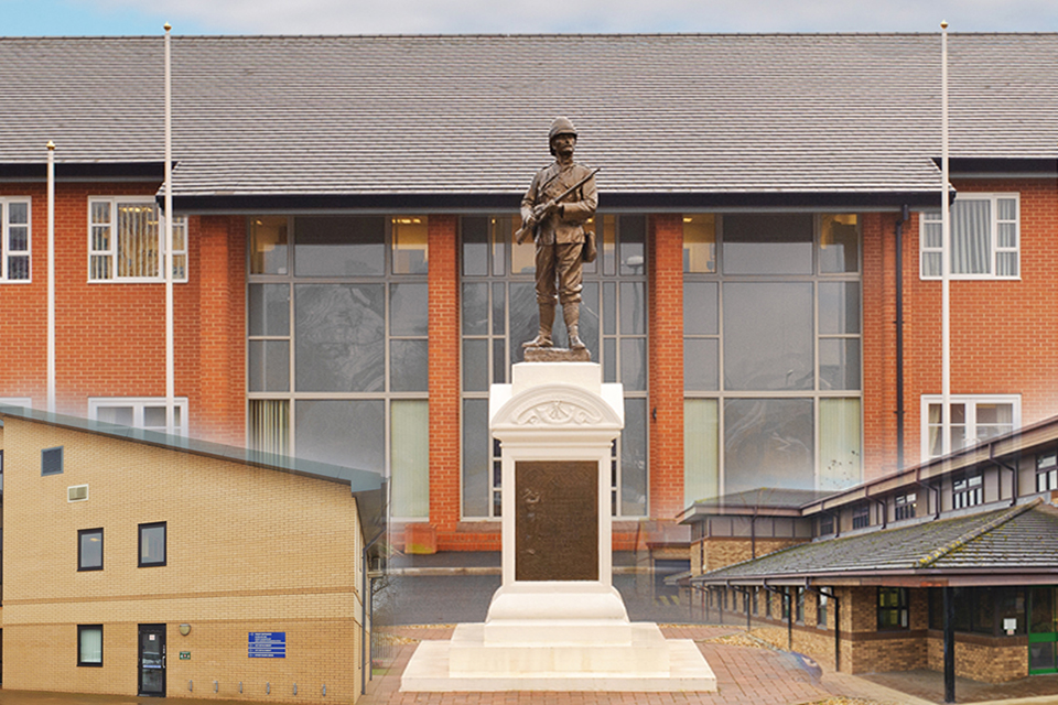 Three army Reserve Centres based in the south east. Statue show in the middle in between each of the Reserve Centres.