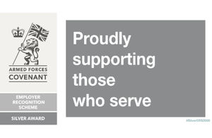Armed Forces Covenant logo that reads 'Proudly supporting those who serve' through the Employer Recognition Scheme.