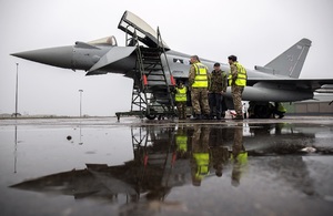 The first Typhoon to return since the completion of the intersection resurfacing work landed on a rainy day at RAF Lossiemouth. [Crown Copyright/MOD 2020]