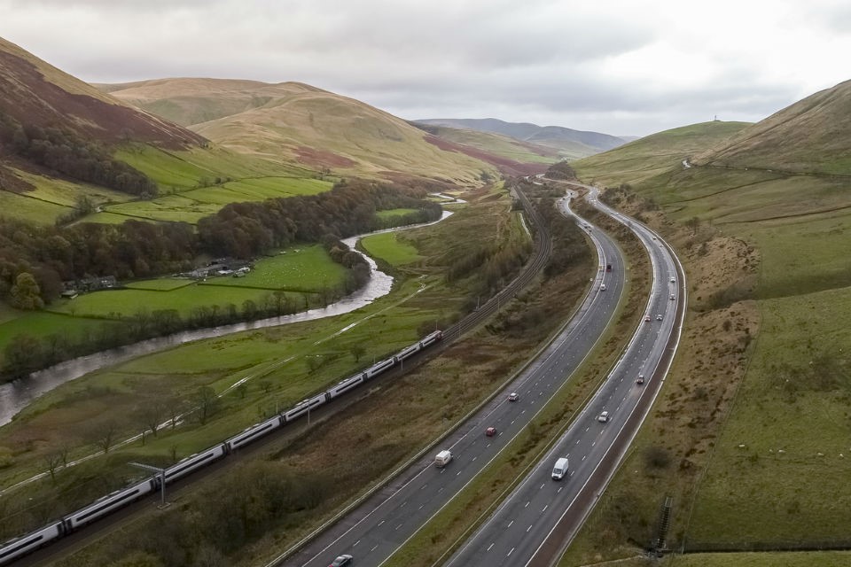 River, railway, motorway,..the M6 as it snakes through the Lune Gorge