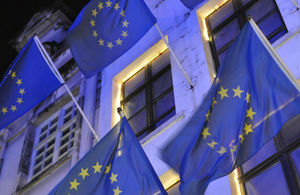 EU flags outside a building in Brussels