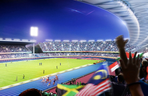 Artists impression graphic design image of the Birmingham 2022 Athletics venue with cheering crowds and various commonwealth flags in the foreground