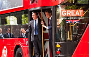 HRH Prince Harry and UK Prime Minister David Cameron on the GREAT Global Tour Bus