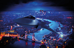 Image depicts a CGI Tempest jet against the London skyline at night.