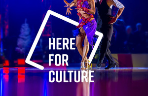 Here for Culture logo on an image of two ballroom dancers performing on the Blackpool Tower Ballroom dance floor