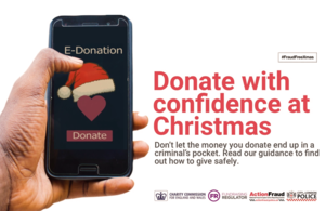 A mobile telephone showing a charity donation website. Message says "Donate with confidence at Christmas. Don't let the money you donate into a criminal's pocket. Follow our guidance to donate safely".