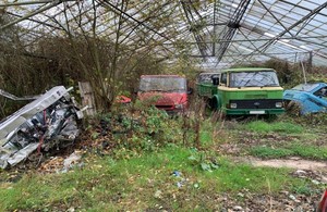 Image shows several old vans and trucks inside a open-fronted greenhouse, surrounded by grass, trees and rubbish