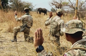 Troops from the Royal Gurkha Rifles spot an elephant while on patrol in Zambia