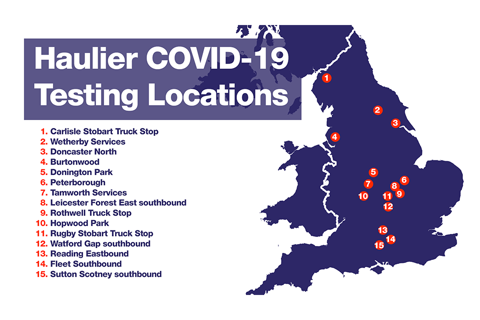 Graphic showing a map of the 15 COVID-19 testing locations currently open to hauliers across the UK