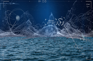 Digital image of a warship with data streams over the picture