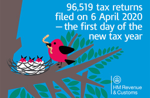 Decorate image with caption '96,519 tax returns filed on 6 April 2020 - the first day of the new tax year'.