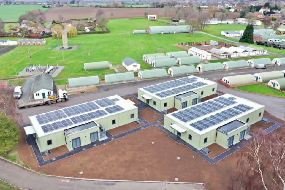 An aerial view of the three new buildings at Nesscliff Training Area.