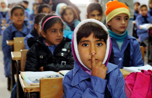 Children inside a classroom at Za’atri refugee camp, host to tens of thousands of Syrians displaced by conflict, near Mafraq, Jordan.