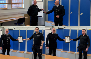 Pictures clockwise from top, PC Meston, PC Tinsley and PC Dixon receiving their commendations