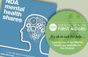 Visual representation of two examples of NDA mental health campaigns and initiatives - NDA Mental Health Shares and NDA Mental Health First Aiders
