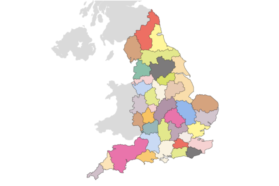 Map showing the 38 proposed Regional Supplier areas for England