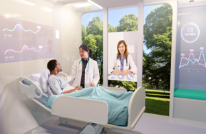 Artist's impression of hospital of future, with doctor talking to patient