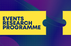 A yellow graphic in the shape of a ticket stub with the words 'Events Research Programme' on a purple background