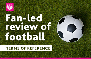 Fan-led review of football terms of reference - white copy written on an image of a football on grass