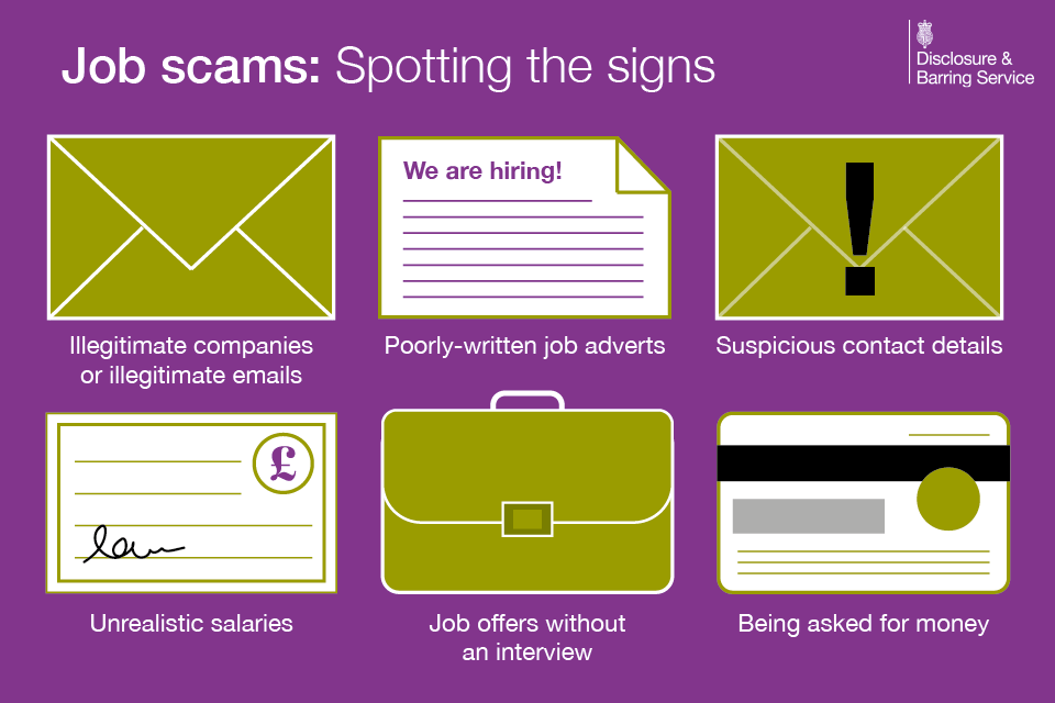 Job scams: Spotting the signs - illegitimate companies or emails; poorly-written job adverts; suspicious