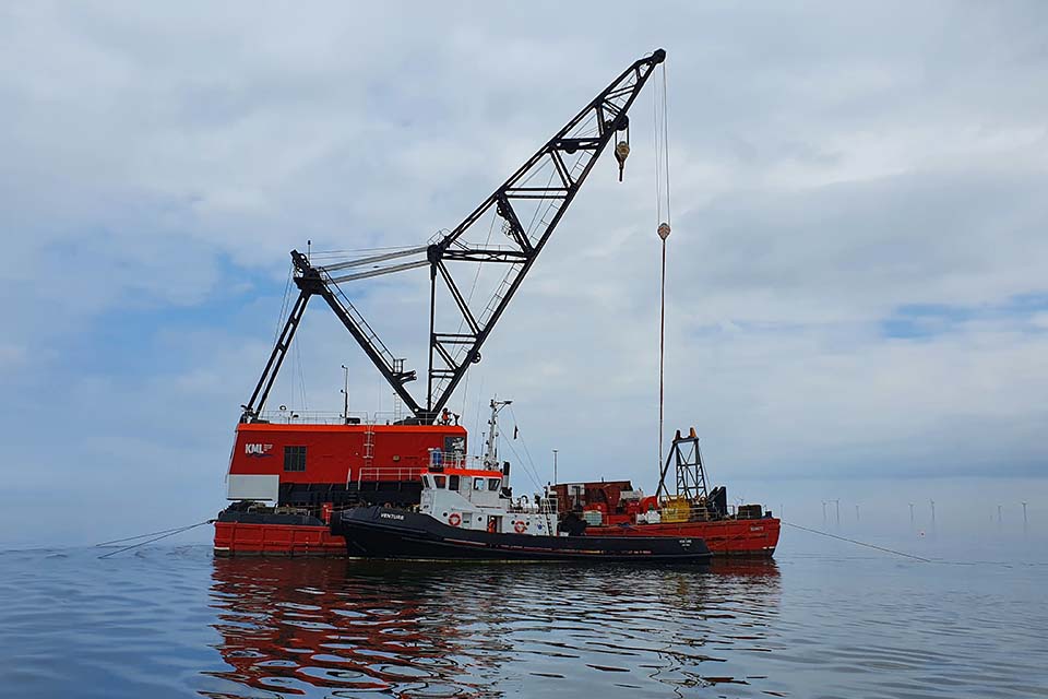 Crane barge during operation to recover fishing vessel Nicola Faith