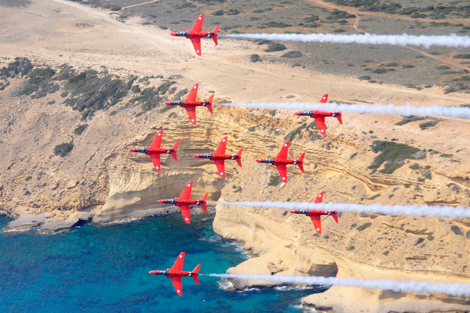 Red Arrows fly in the formation shape 'Lancaster'