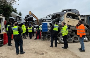 Environment Agency and the British Transport Police visit a vehicle breaker site.