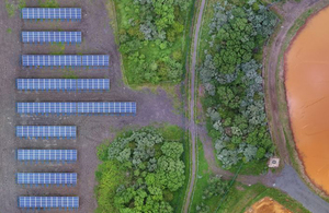 Aerial view of solar panels at Bates mine water treatment scheme