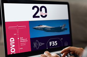 Start of timeline marking Dstl's 20th anniversary, including image of an F35.