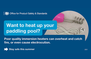 Image of paddling pool heater and warning of the risks associated with them catching fire and causing electrocution.