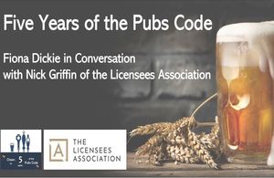Title slide "Five years of the Pubs Code" with image of beer